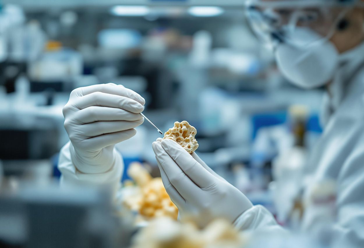 A close-up photograph of a scientist extracting DNA from an ancient bone fragment in a well-lit, modern laboratory.