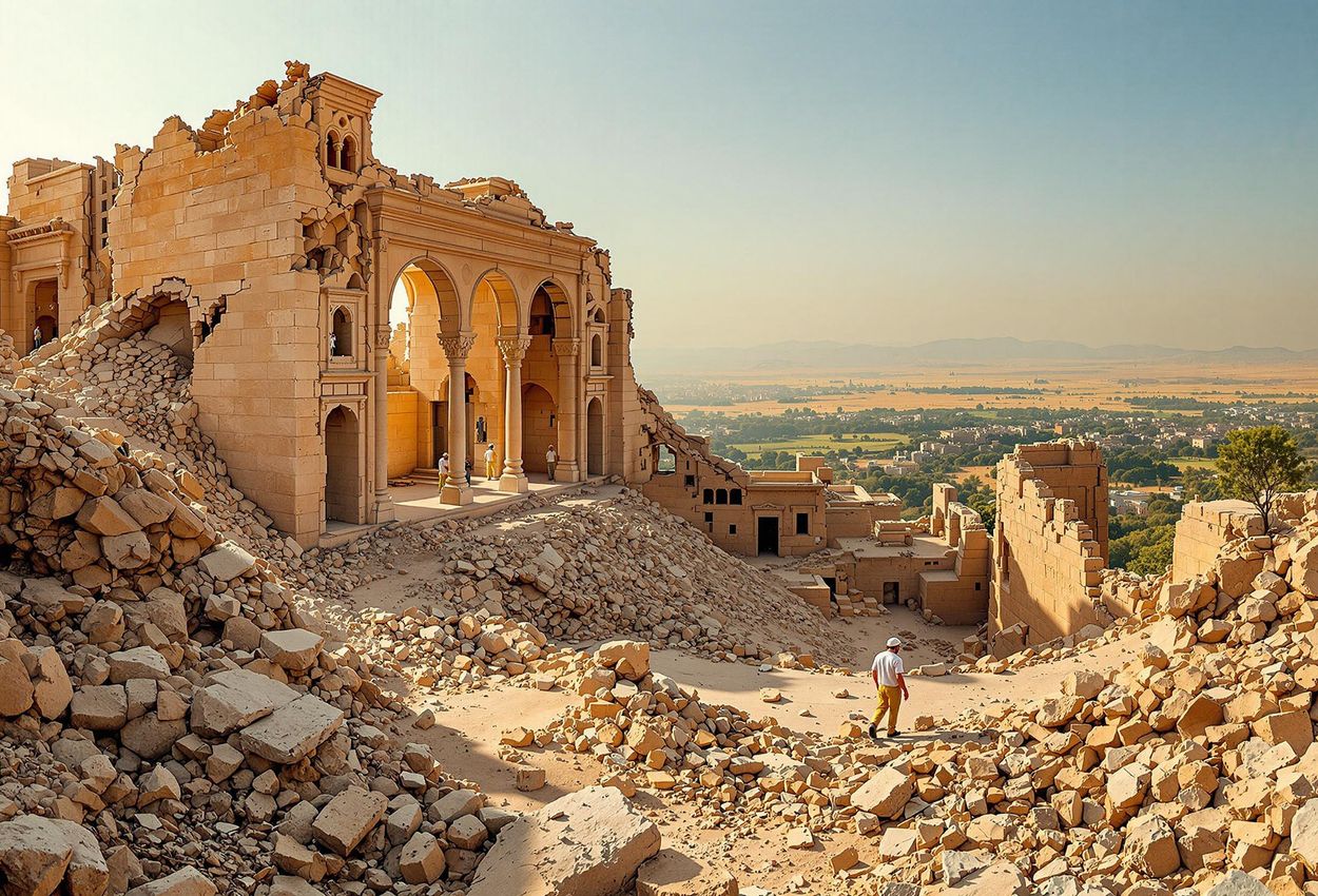 A panoramic photograph capturing the ongoing restoration of a UNESCO World Heritage Site damaged by conflict, showcasing the resilience of cultural heritage and the dedication of restoration workers and local community members.