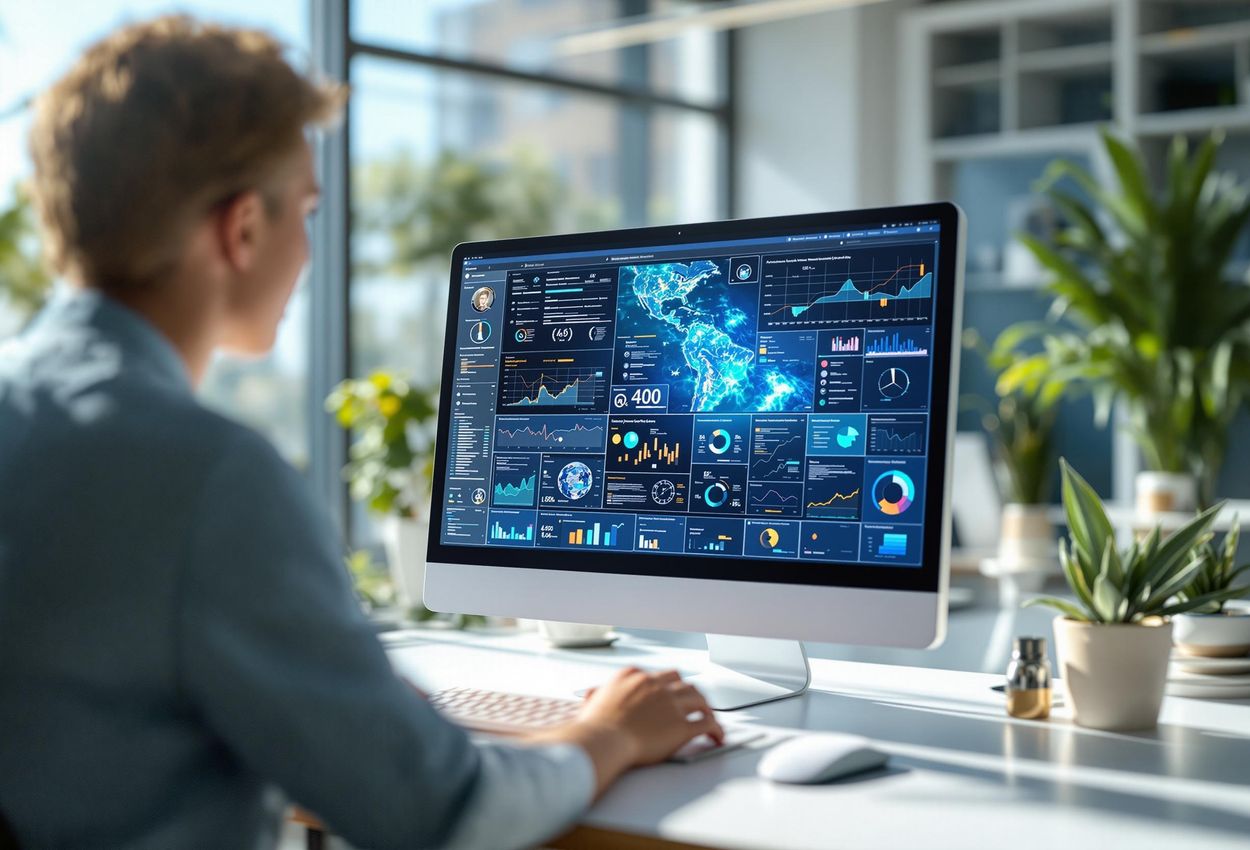 A photograph of a computer screen displaying an AI algorithm analyzing satellite imagery to identify potential archaeological sites in a modern office setting.