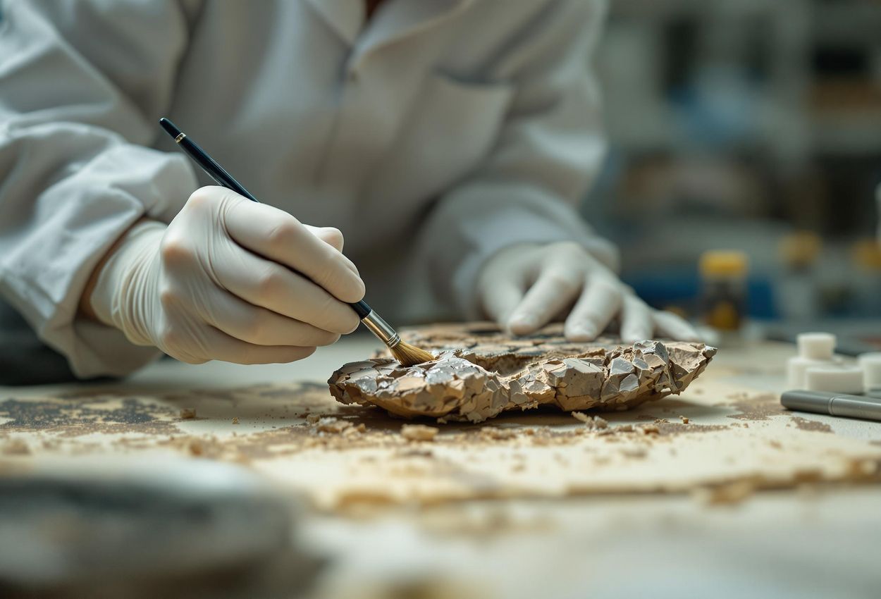 A conservator meticulously restores a damaged cultural artifact in a well-lit lab, highlighting the importance of preserving heritage.