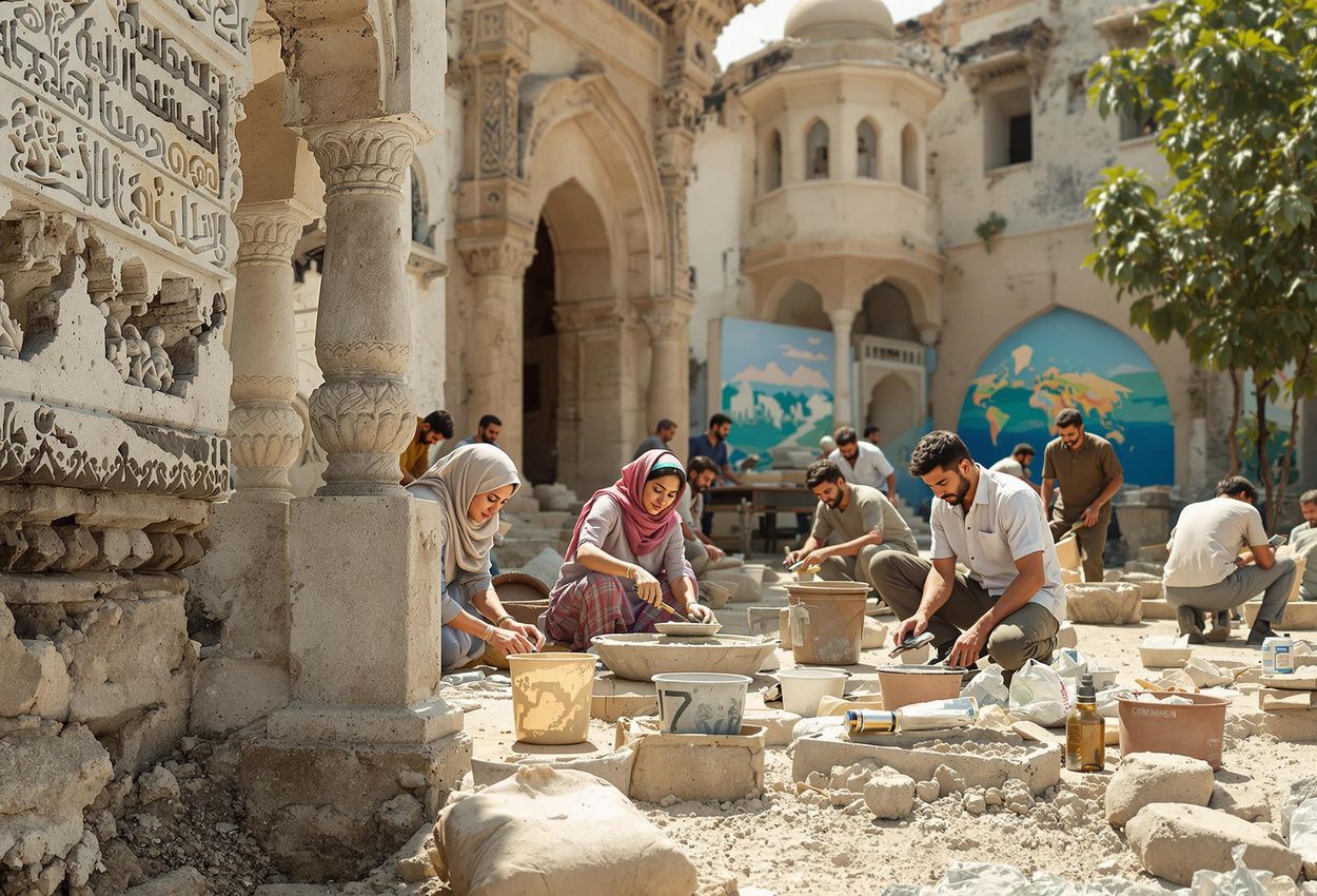 A medium shot depicts local community members participating in a cultural heritage preservation project in a conflict zone, showcasing their resilience and dedication.