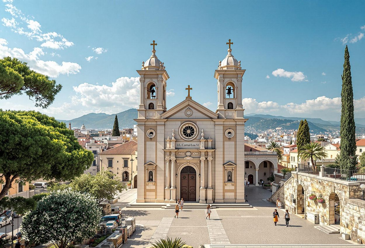 A photograph capturing the serene beauty of a religious building in modern Pompeii, Italy, showcasing the blend of ancient heritage and contemporary life.
