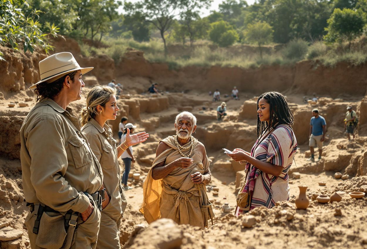 A photograph depicting archaeologists and indigenous community members working together at an archaeological site, highlighting the importance of collaboration and cultural preservation.