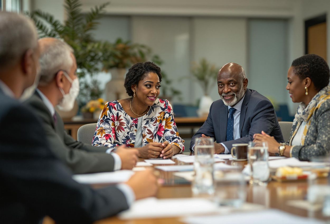 A photograph capturing a meeting between international organization representatives and local community leaders, focusing on cultural heritage preservation efforts.