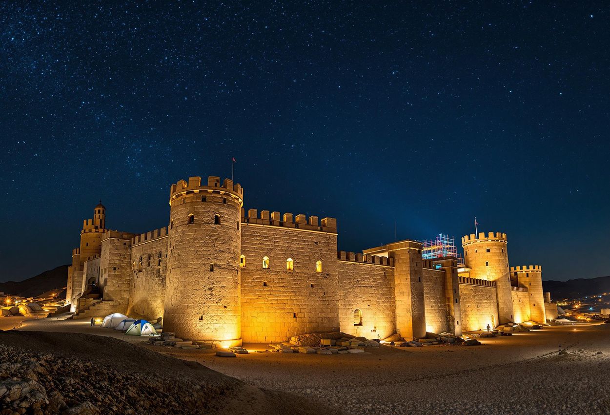 A panoramic photograph of the Krak des Chevaliers in Syria, illuminated at night, showcasing its architectural grandeur and the ongoing efforts to preserve this cultural heritage site.