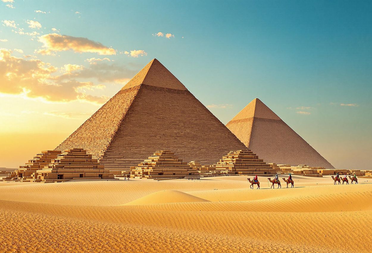 A panoramic photograph of the Giza pyramid complex at sunrise, featuring tourists on camels against a backdrop of the iconic pyramids and a vibrant sky.