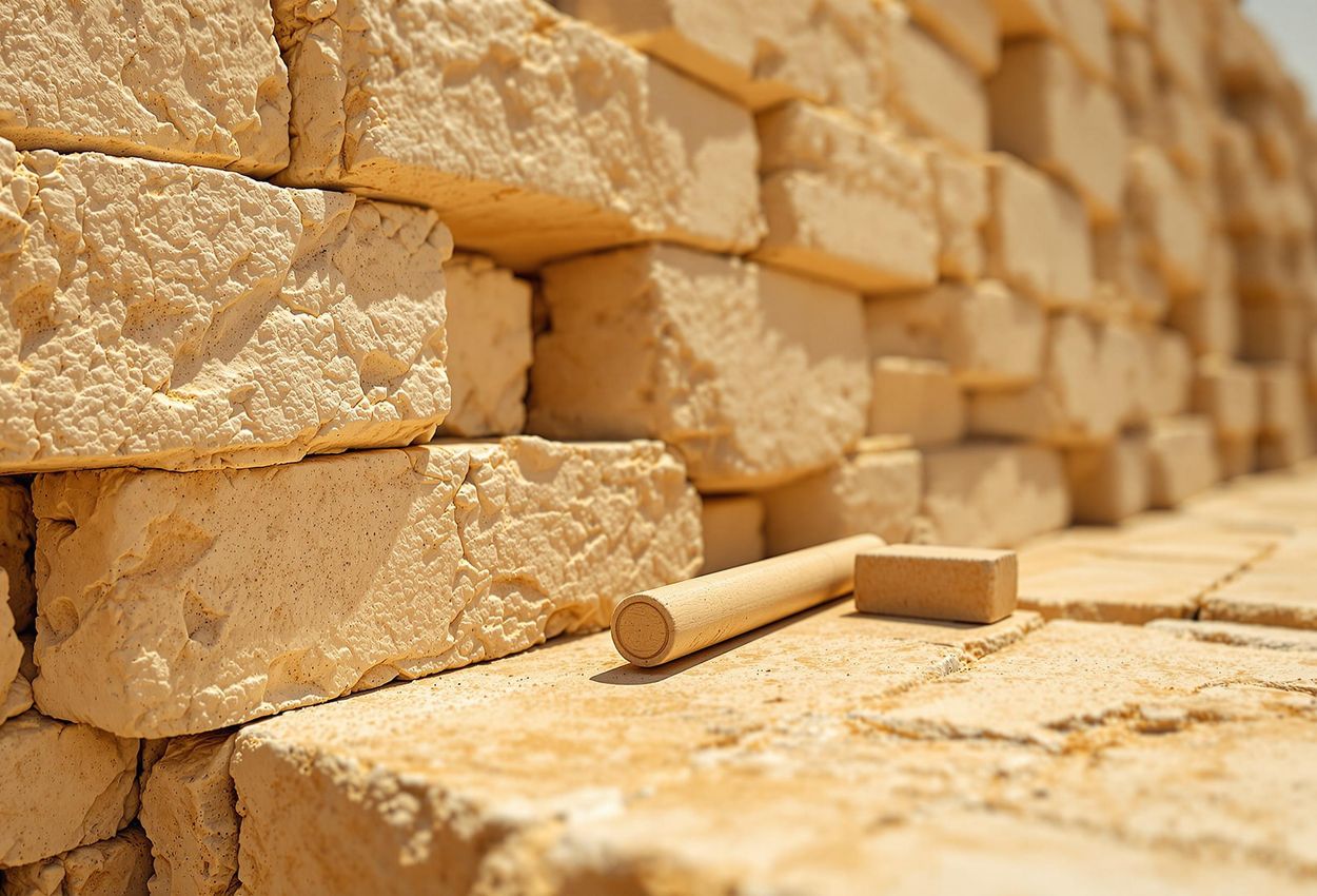 A close-up photograph of the foundation stones of an Egyptian pyramid, showcasing the precision of ancient construction with a cubit rod for scale.