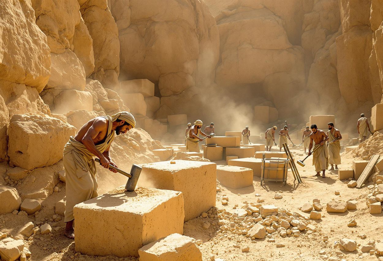 A photograph capturing the intense labor of ancient Egyptian workers quarrying limestone, showcasing their skill and the harsh conditions of the quarry.