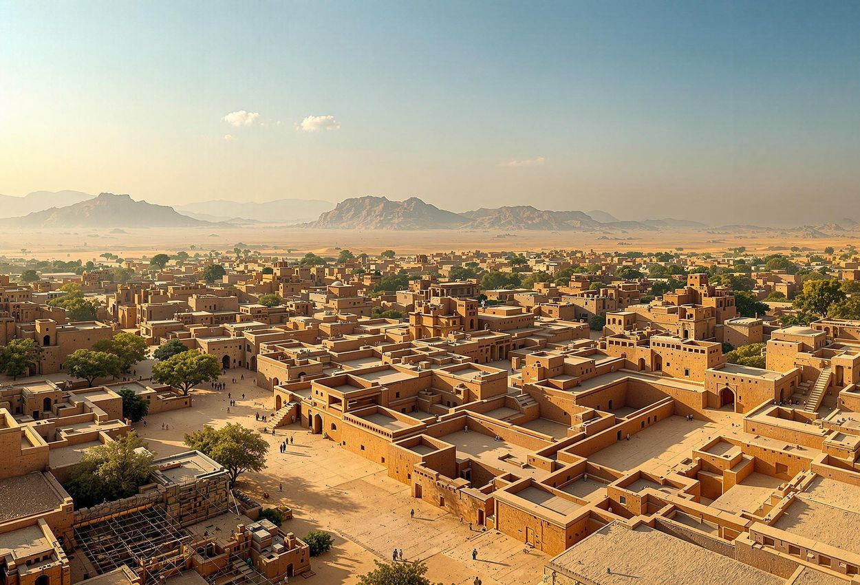 A panoramic photograph of Mohenjo-daro showcases the advanced urban planning and water management systems of the Indus Valley Civilization. The image captures the city