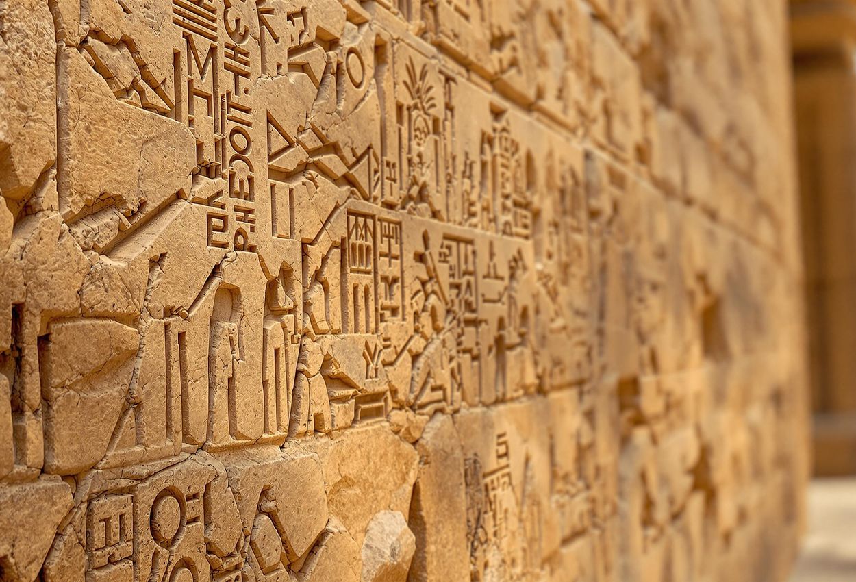 A detailed macro photograph of hieroglyphics in Karnak Temple, Luxor, showcasing ancient Egyptian agricultural practices and the importance of the Nile River.