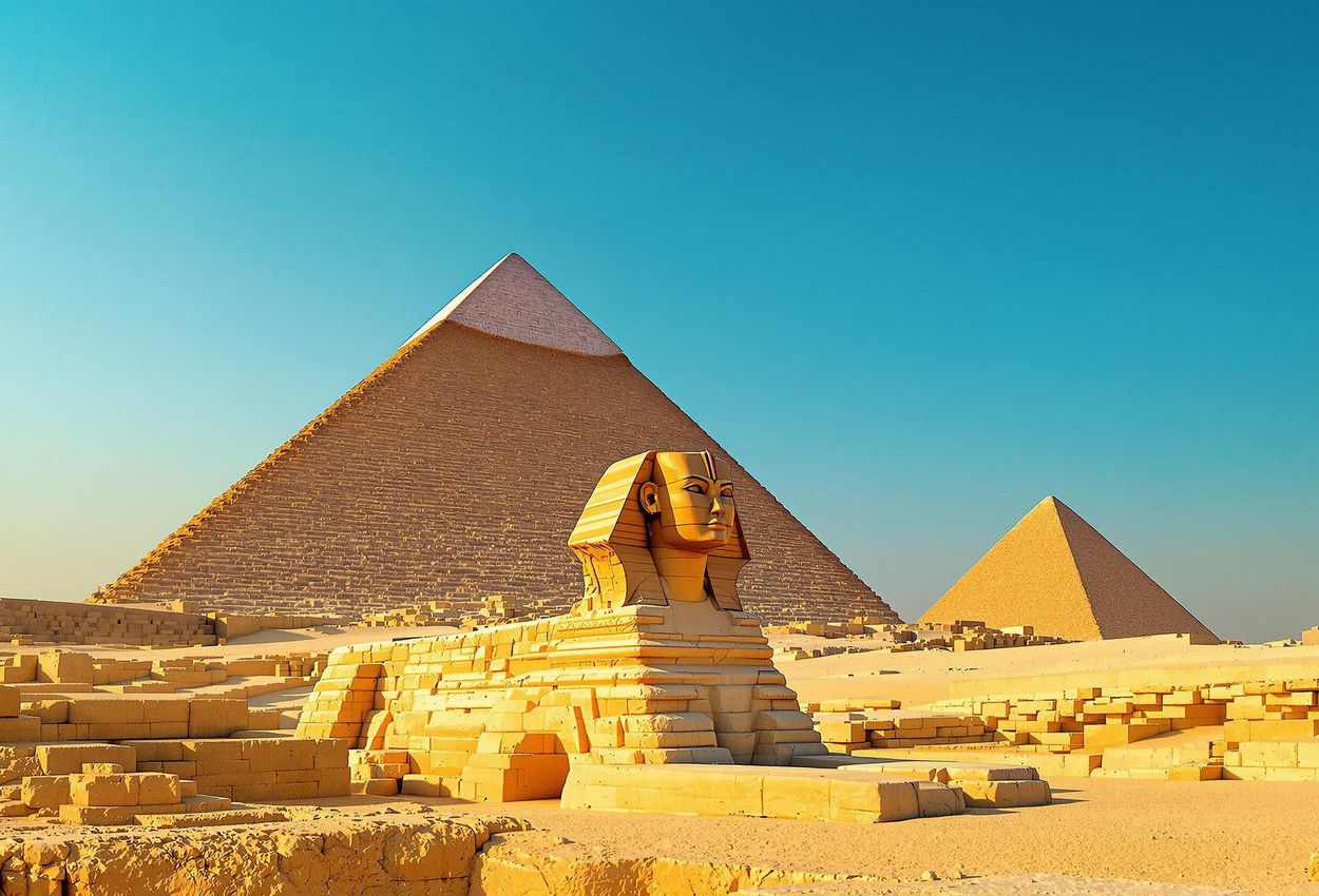 A stunning photograph capturing the timeless grandeur of the Giza Necropolis, featuring the iconic pyramids and Sphinx bathed in the warm light of the golden hour.