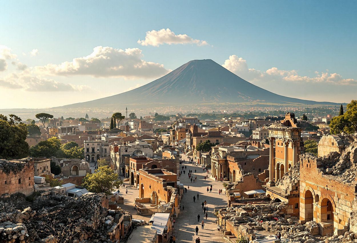 Panoramic View of Ancient Pompeii Ruins, Italy A wide, scenic photograph captures the ruins of Pompeii in the warm afternoon light, with Mount Vesuvius in the distance.