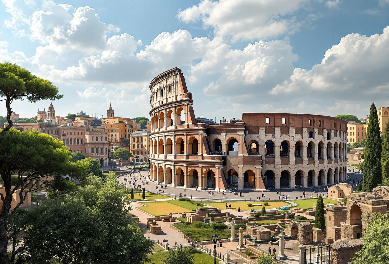 A stunning photograph captures the grandeur of the Colosseum and Roman Forum in Rome, showcasing the historical significance and architectural beauty of these iconic landmarks.