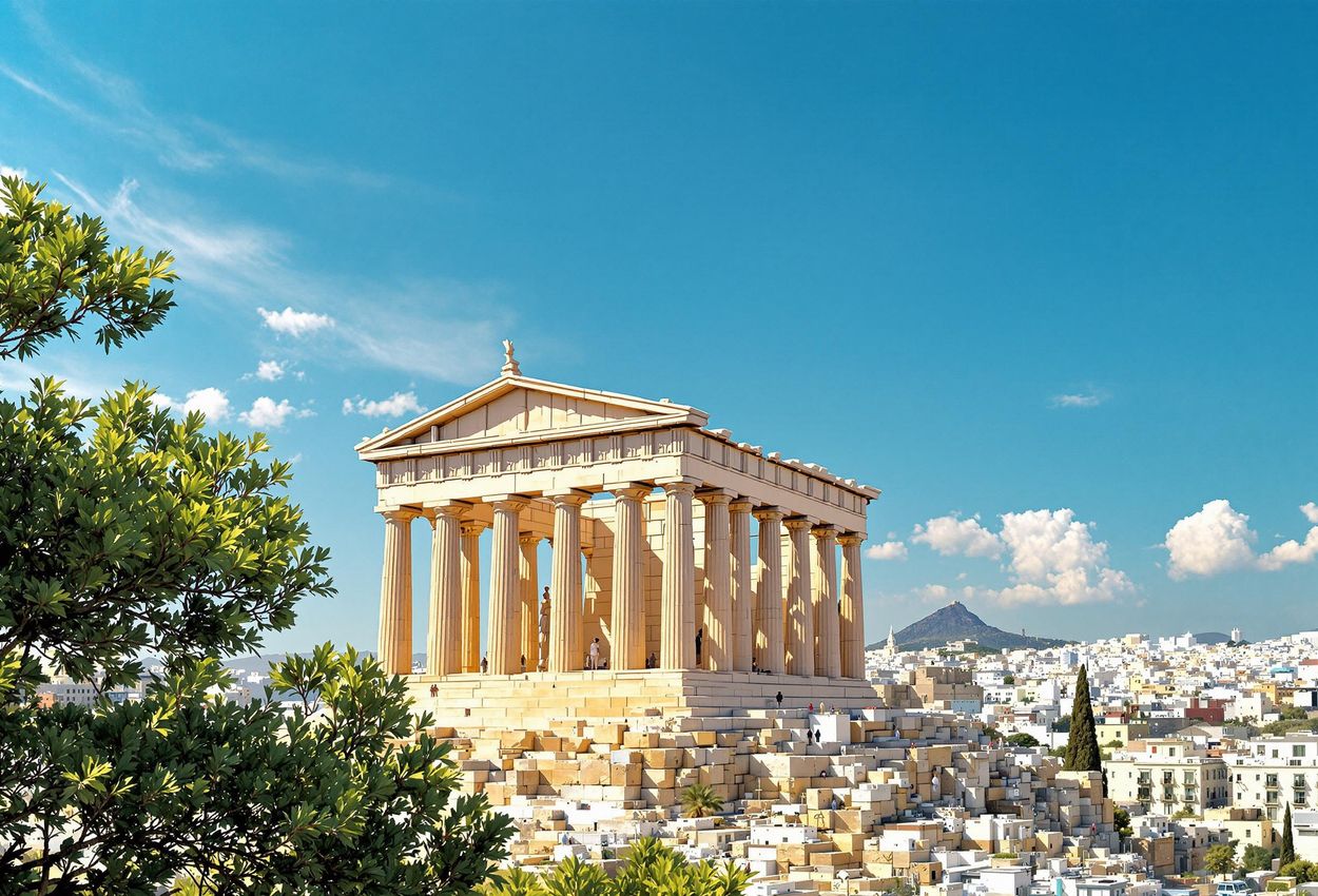 The Parthenon: Ancient Marvel in Modern Athens A photograph of the Parthenon in Athens, Greece, showcasing its iconic architecture against the backdrop of the contemporary city.