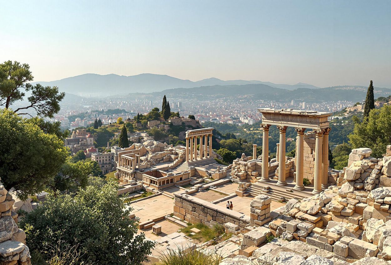 A photograph of the Library of Pergamum ruins, showcasing the Acropolis and surrounding landscape in Bergama, Turkey. The image captures the grandeur and historical significance of this ancient center of knowledge.