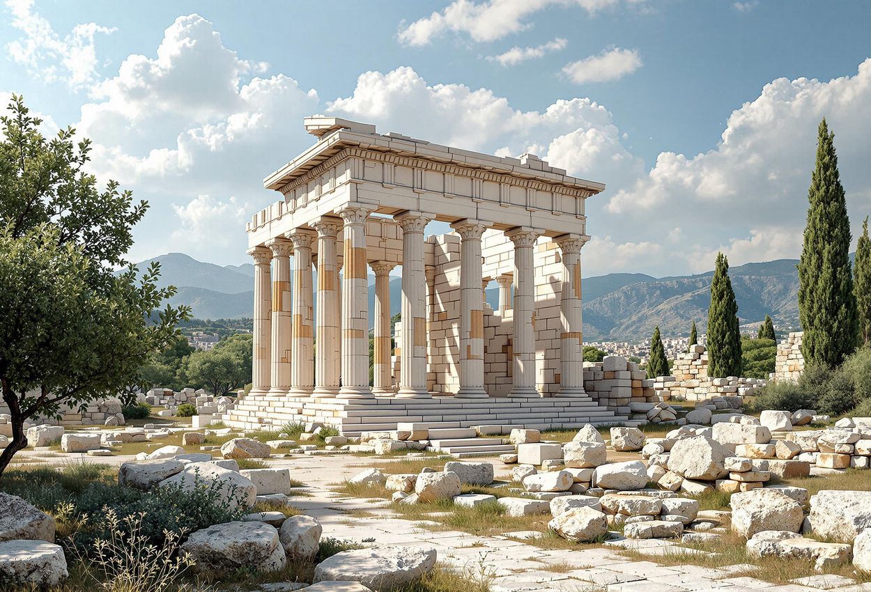 A photograph of the Temple of Zeus ruins at the Olympia archaeological site in Greece, capturing the serene beauty and historical significance of this ancient landmark.