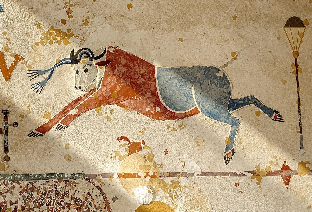 Bull-Leaping Fresco, Knossos, Crete - Ancient Minoan Art A detailed photograph of the Bull-Leaping Fresco in Knossos, Crete, showcasing the artistry and skill of the Minoan civilization.