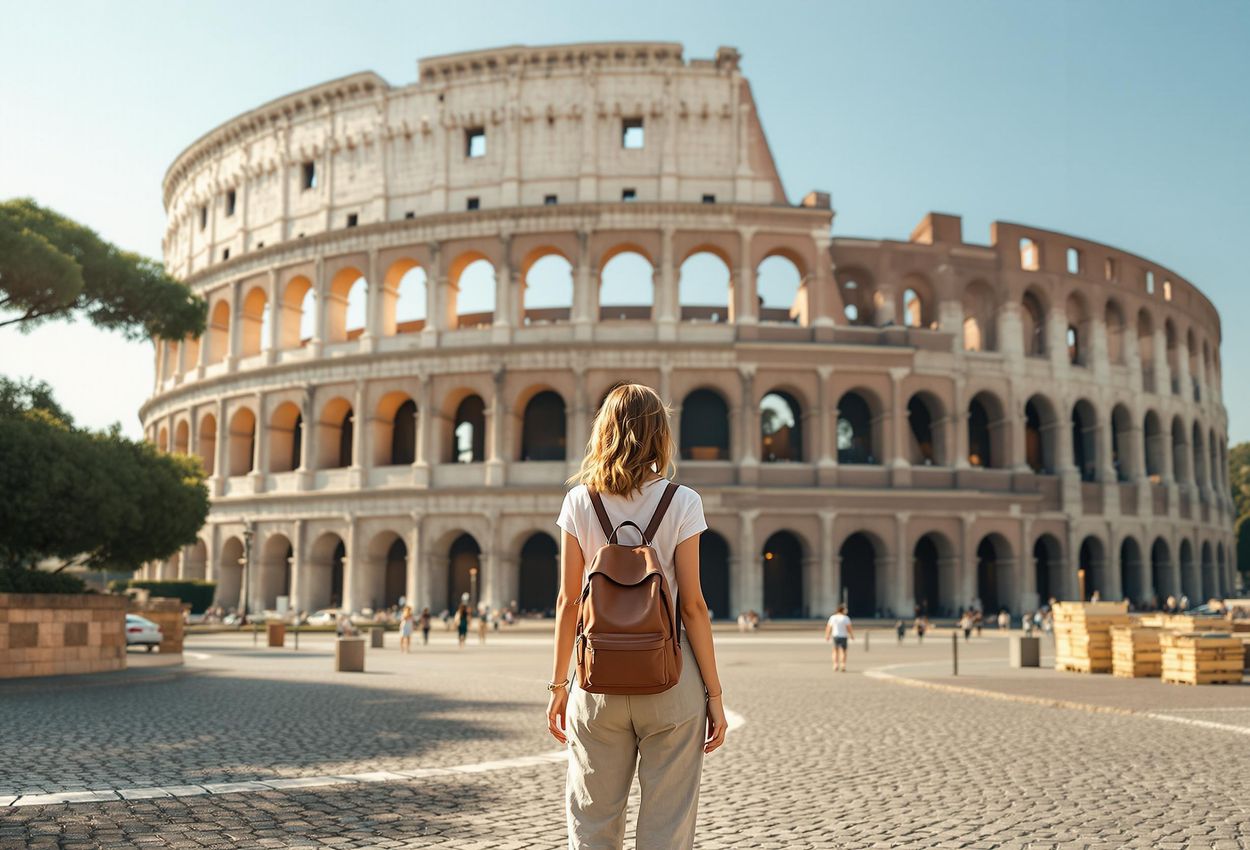 Traveler in Awe at the Colosseum, Rome - August 2025 A photograph of a traveler standing before the Colosseum in Rome, Italy, during the early morning golden hour. The image captures the grandeur of the ancient amphitheater and the sense of wonder experienced when discovering new destinations.
