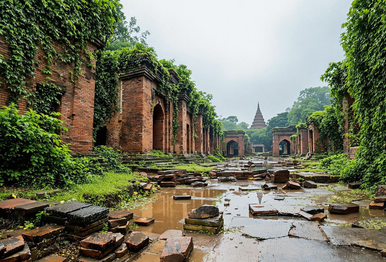 A low-angle photograph captures the Nalanda University ruins in monsoon season, showcasing the poignant beauty of ancient architecture intertwined with nature