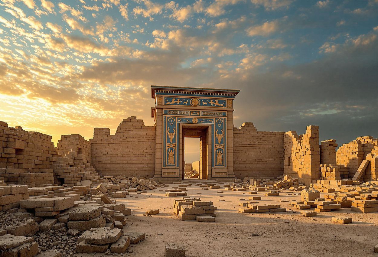 A photograph of the ruins of Babylon in Iraq, taken during the golden hour. The image showcases the Ishtar Gate and surrounding archaeological remains under a dramatic sky.