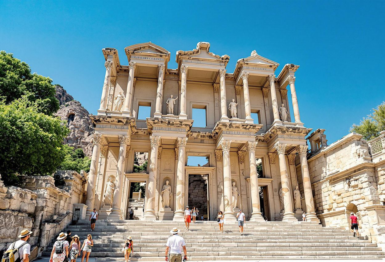 Library of Celsus, Ephesus: A Roman Architectural Marvel A photograph of the Library of Celsus in Ephesus, Turkey, showcasing its stunning Roman architecture under a clear blue sky with tourists exploring the site.