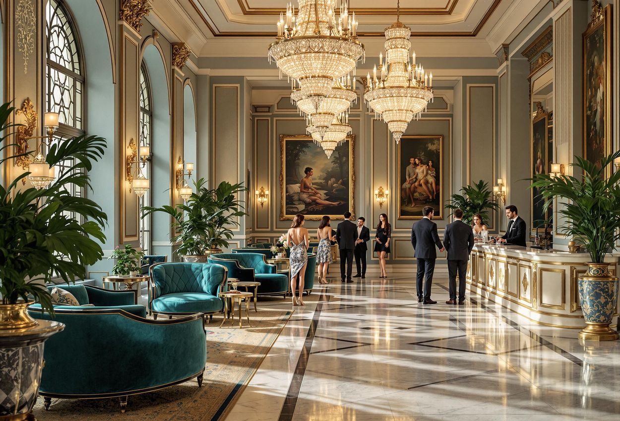 Grand Hotel Lobby: A Timeless Scene of Luxury and Elegance A detailed photograph capturing the interior of a grand, historic hotel lobby, showcasing ornate details, crystal chandeliers, and guests enjoying the luxurious ambiance.