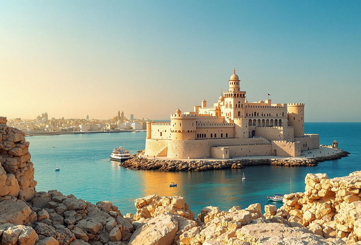 A photograph of the Citadel of Qaitbay in Alexandria, Egypt, showcasing its historical architecture and stunning Mediterranean Sea views.