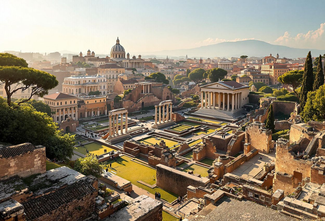 Ancient Roman Forum Ruins at Sunrise, Rome A photograph of the Roman Forum ruins in Rome, Italy, taken at sunrise. The warm light casts long shadows across the ancient stones, showcasing the scale and history of the site.