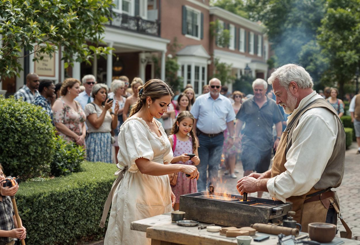 Historical Reenactment in Colonial Williamsburg, Virginia A detailed photograph capturing a historical reenactment in Colonial Williamsburg, Virginia, showcasing 18th-century life with costumed interpreters and interested tourists.