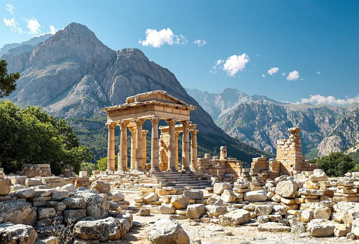 Temple of Apollo, Delphi - Ancient Sanctuary in Greece A photograph of the Temple of Apollo ruins in Delphi, Greece, with mountains in the background, captured in bright sunlight. The image showcases the historical significance and dramatic setting of this ancient sanctuary.