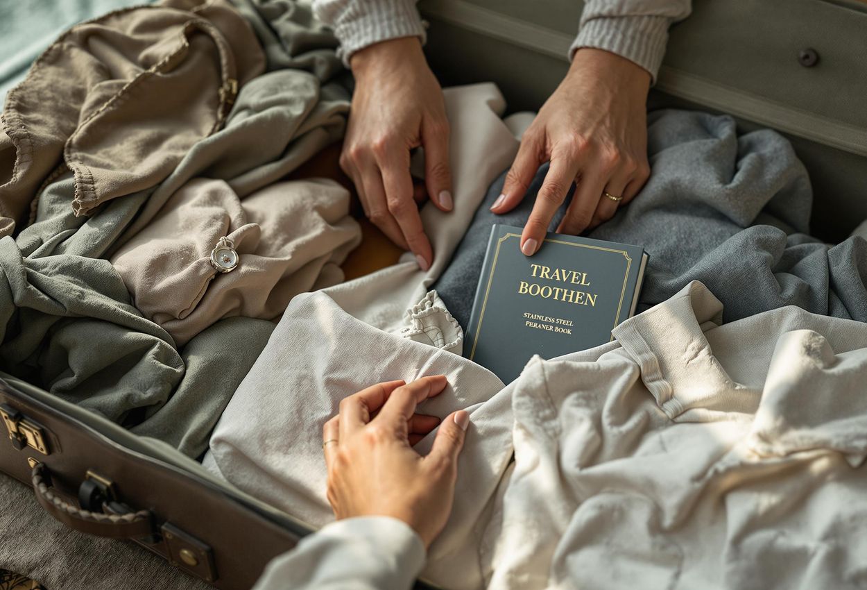 Packing Essentials for a Historical Adventure A traveler carefully packs a suitcase with comfortable shoes, modest clothing, a reusable water bottle, and a phrasebook, preparing for a historical adventure.