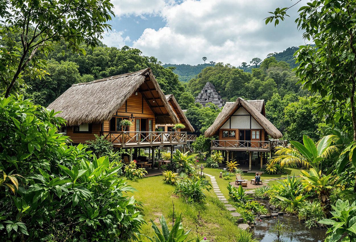 A photograph showcasing serene eco-friendly hostels nestled in the lush rainforest near Tikal, Guatemala, with Mayan ruins visible in the distance. The image captures the tranquility and sustainable charm of these unique accommodations.