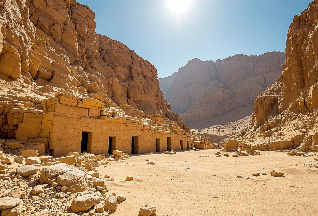 Valley of the Kings: Ancient Tombs in Arid Egyptian Landscape A ground-level photograph of the Valley of the Kings in Egypt, showcasing the tomb entrances in the arid desert landscape under harsh sunlight.