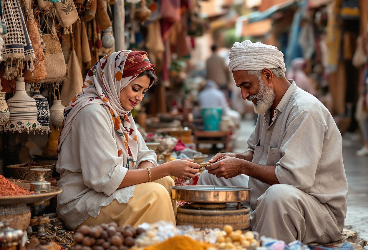 Traveler and Artisan in Marrakech Market - A Cultural Encounter A captivating photograph capturing a traveler