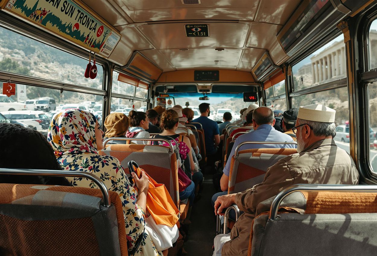 A photograph capturing the vibrant scene inside a dolmuş transporting passengers to Ephesus, Turkey, showcasing the cultural richness and everyday reality of local transportation.