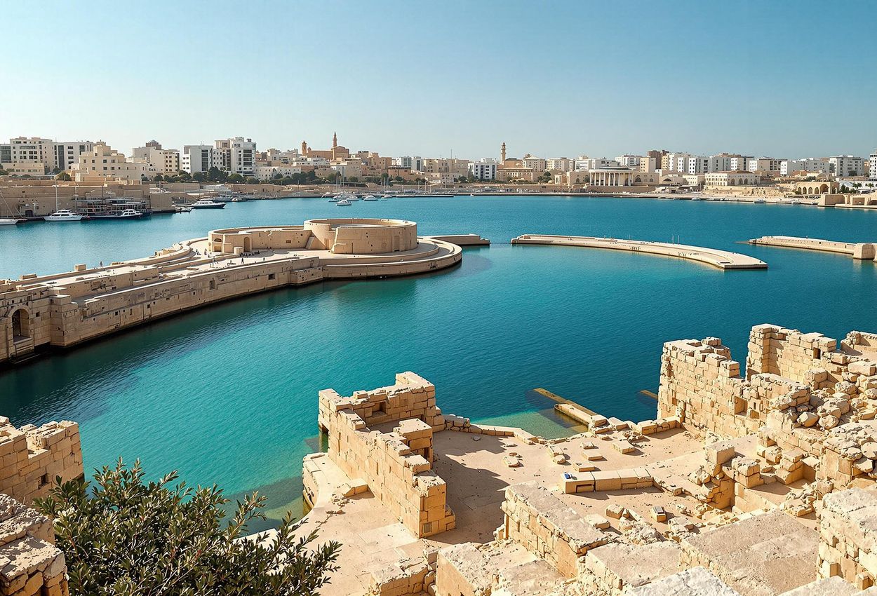 Ancient Punic Ports of Carthage, Tunisia - A Historical View A photograph of the ancient Punic Ports in Carthage, Tunisia, showcasing the circular harbor and remnants of Carthaginian naval power with modern buildings in the background.