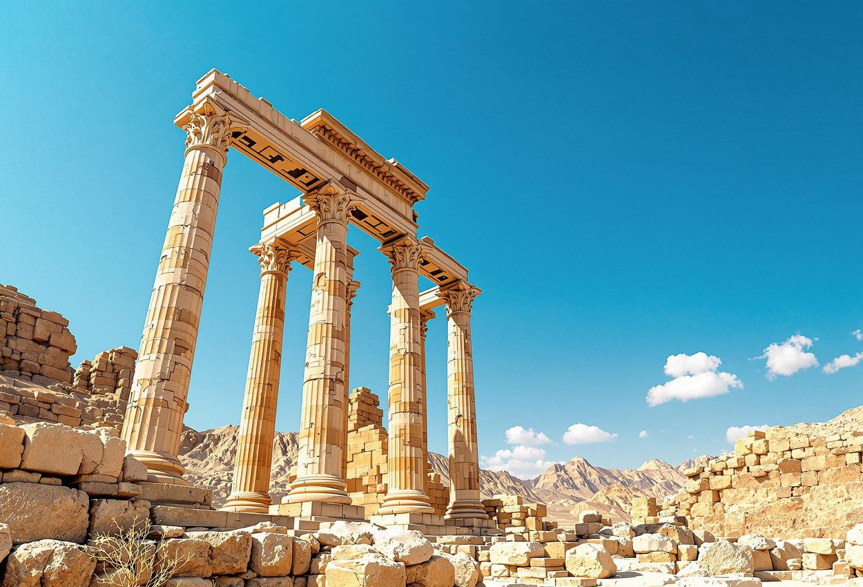 Temple of Jupiter in Baalbek: Ancient Roman Ruins A photograph of the impressive Temple of Jupiter ruins in Baalbek, Lebanon, showcasing its towering columns and historical significance.