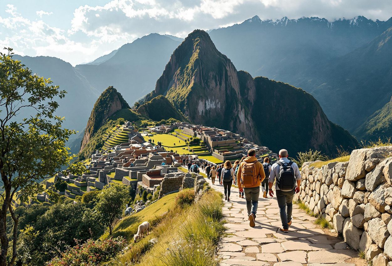 A photograph captures tourists walking on a designated path at Machu Picchu, showcasing the iconic ruins and the surrounding natural beauty.