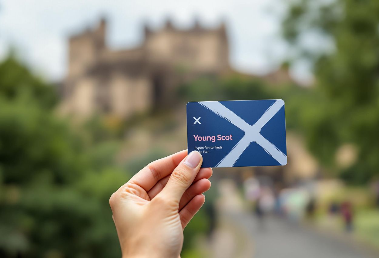 A close-up photograph of a Young Scot card held by a young person, with Edinburgh Castle in the background, promoting affordable exploration of Scotland.