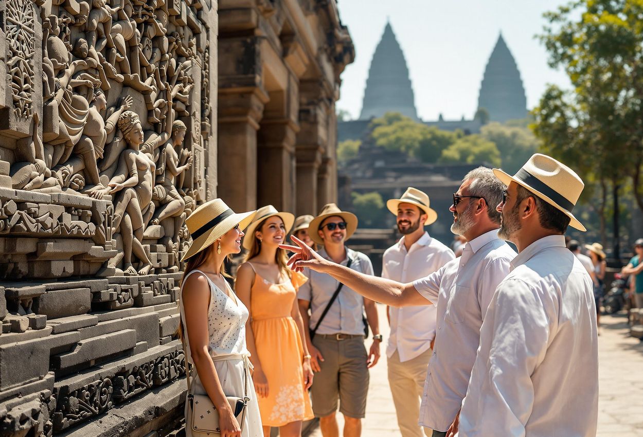 A photograph capturing a group of tourists attentively listening to a local guide at Angkor Wat, highlighting the cultural exchange and the intricate beauty of the temple carvings.