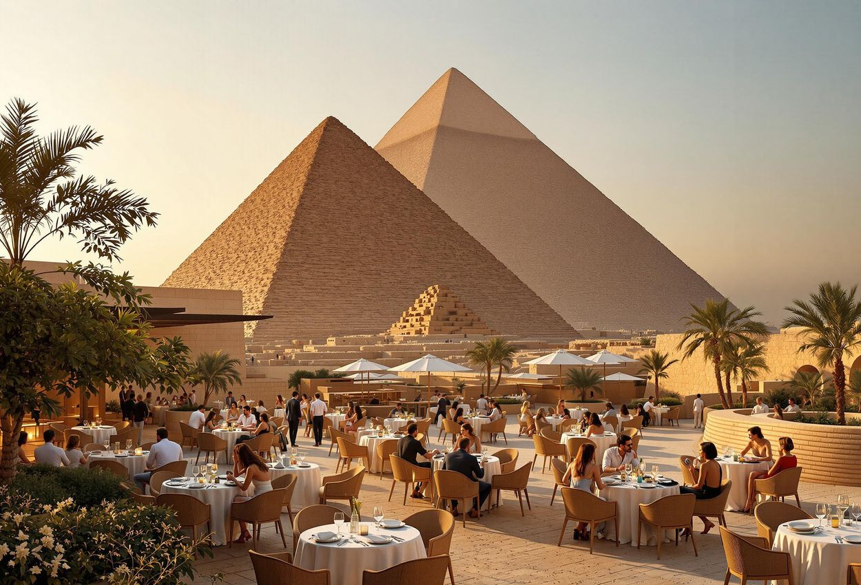 A photograph of the elegant outdoor seating area at Khufu