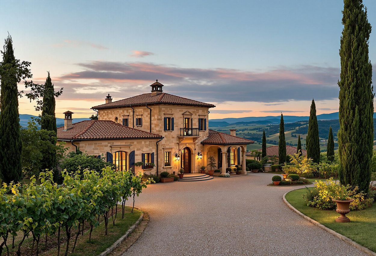 A photograph capturing the exterior of a restored Roman villa in Tuscany at dusk, showcasing its ancient stone walls, terracotta roof, and picturesque surroundings.