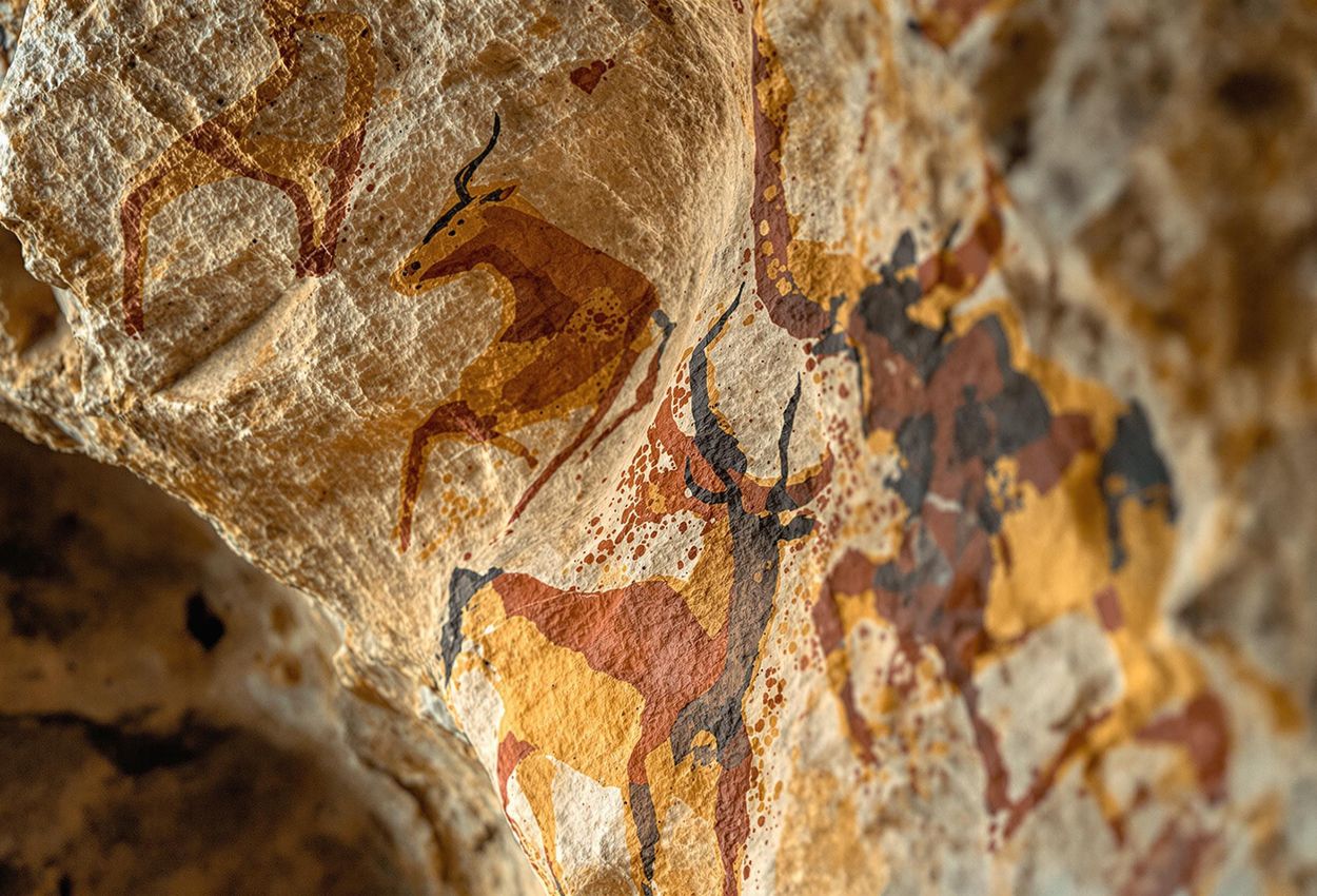 A detailed photograph captures the intricate rock art in Lascaux Cave, France, showcasing the beauty and fragility of Paleolithic paintings.