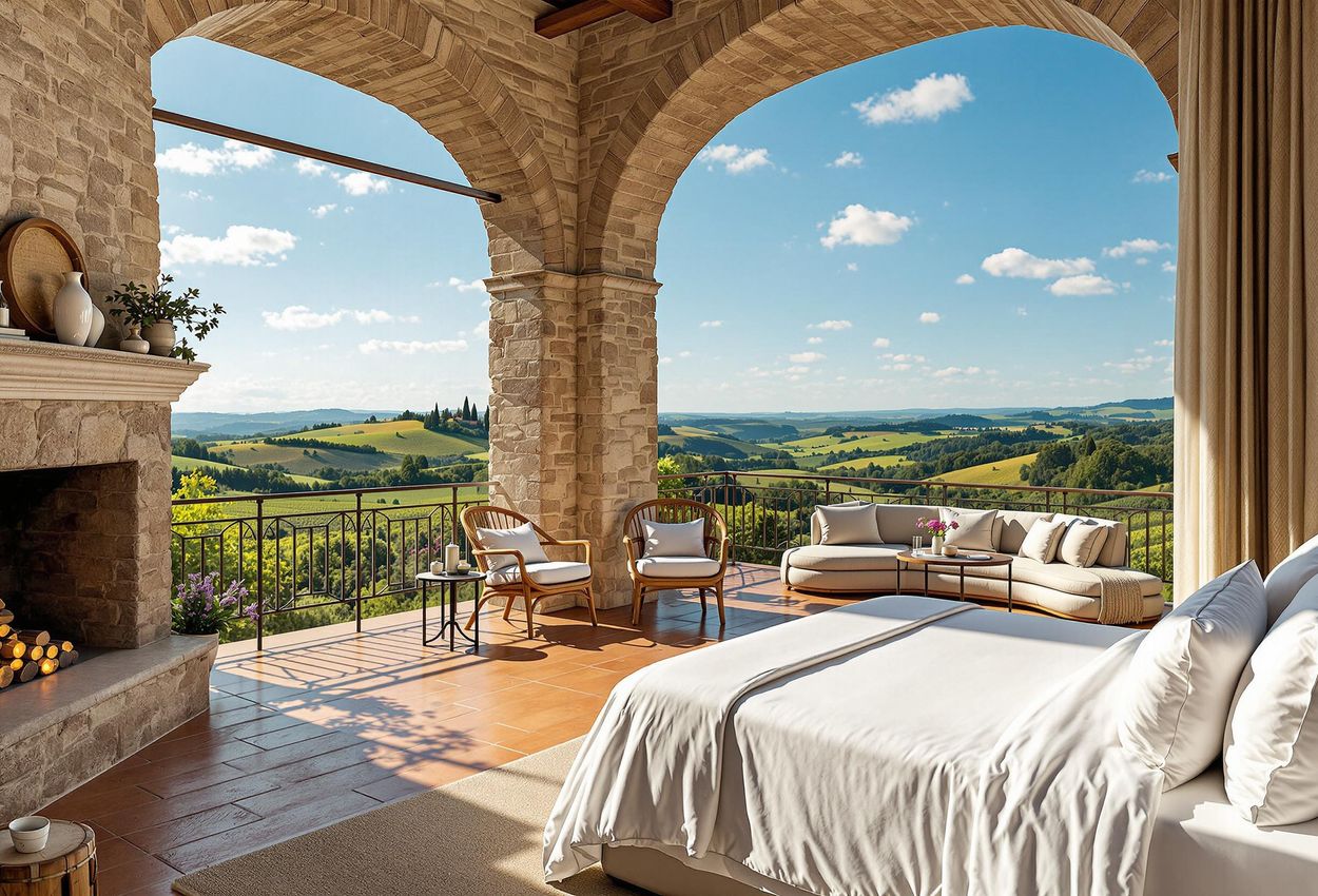 A photograph of a luxurious suite in Tuscany, featuring a king-size bed and a private terrace overlooking the rolling hills of the countryside.