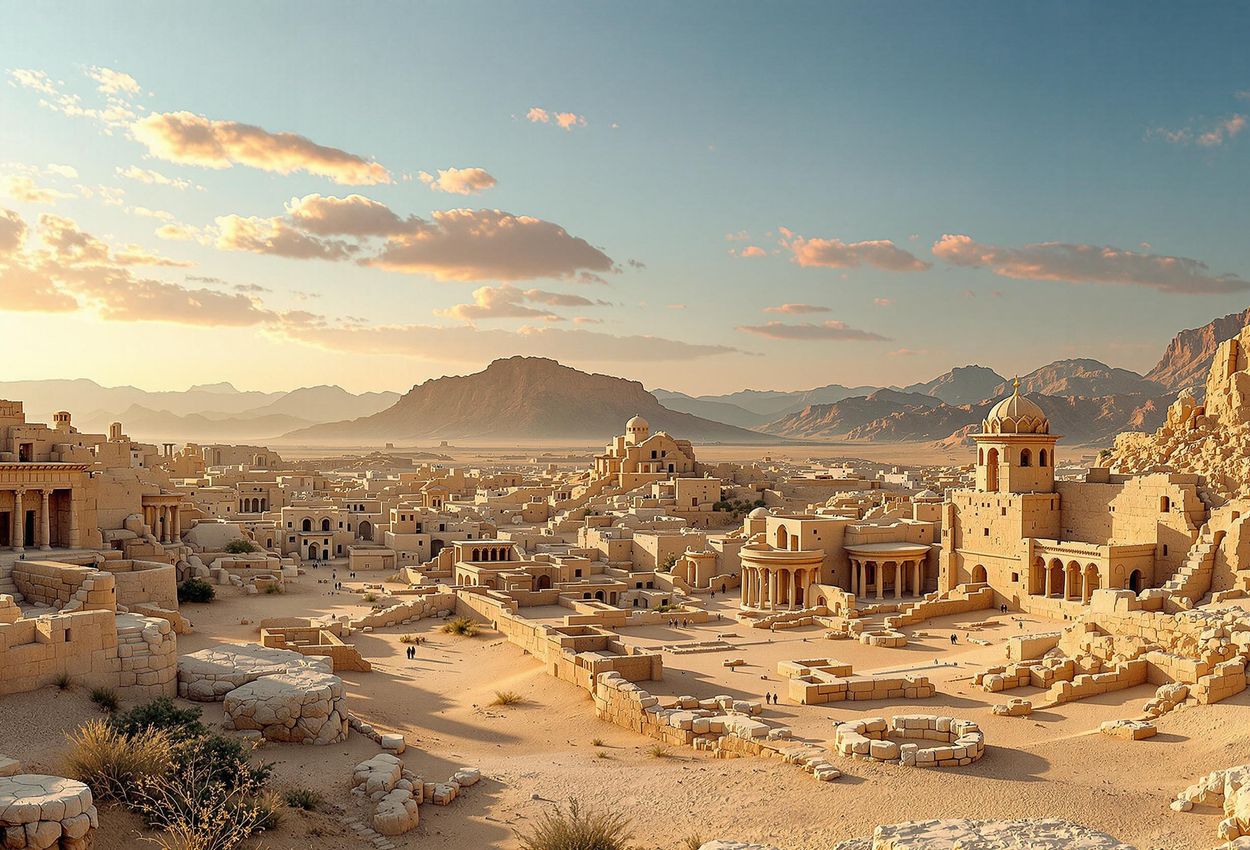 A panoramic photograph capturing the timeless beauty of the Dead Cities in Syria, showcasing the ancient Byzantine ruins under the warm light of the setting sun.