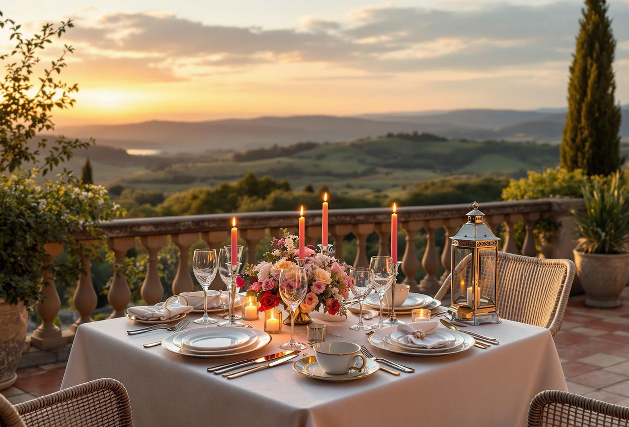 A captivating photograph of a dinner table set for two on a Tuscan villa terrace, showcasing a breathtaking sunset view of the rolling hills.