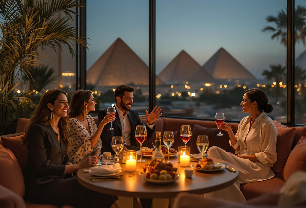 A medium shot captures the inviting interior of 9 Pyramids Lounge, where guests enjoy a relaxed atmosphere, delicious food, and stunning views of the Giza Pyramids.