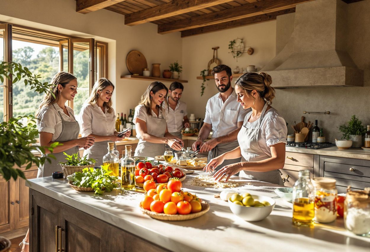 A group of guests learns to prepare traditional Tuscan dishes in a hands-on cooking class at a beautiful villa, guided by a local chef.