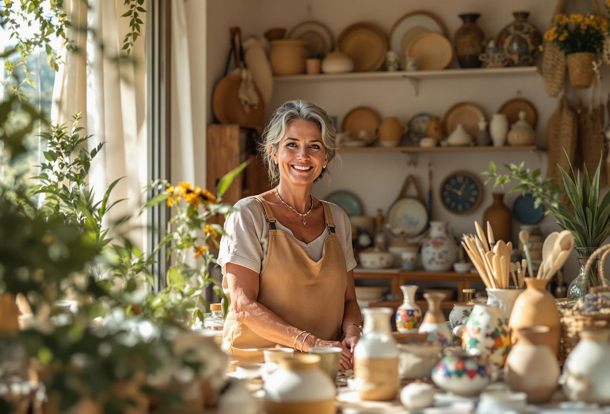 A local artisan displays her ceramics, textiles, and jewelry at a Tuscan villa