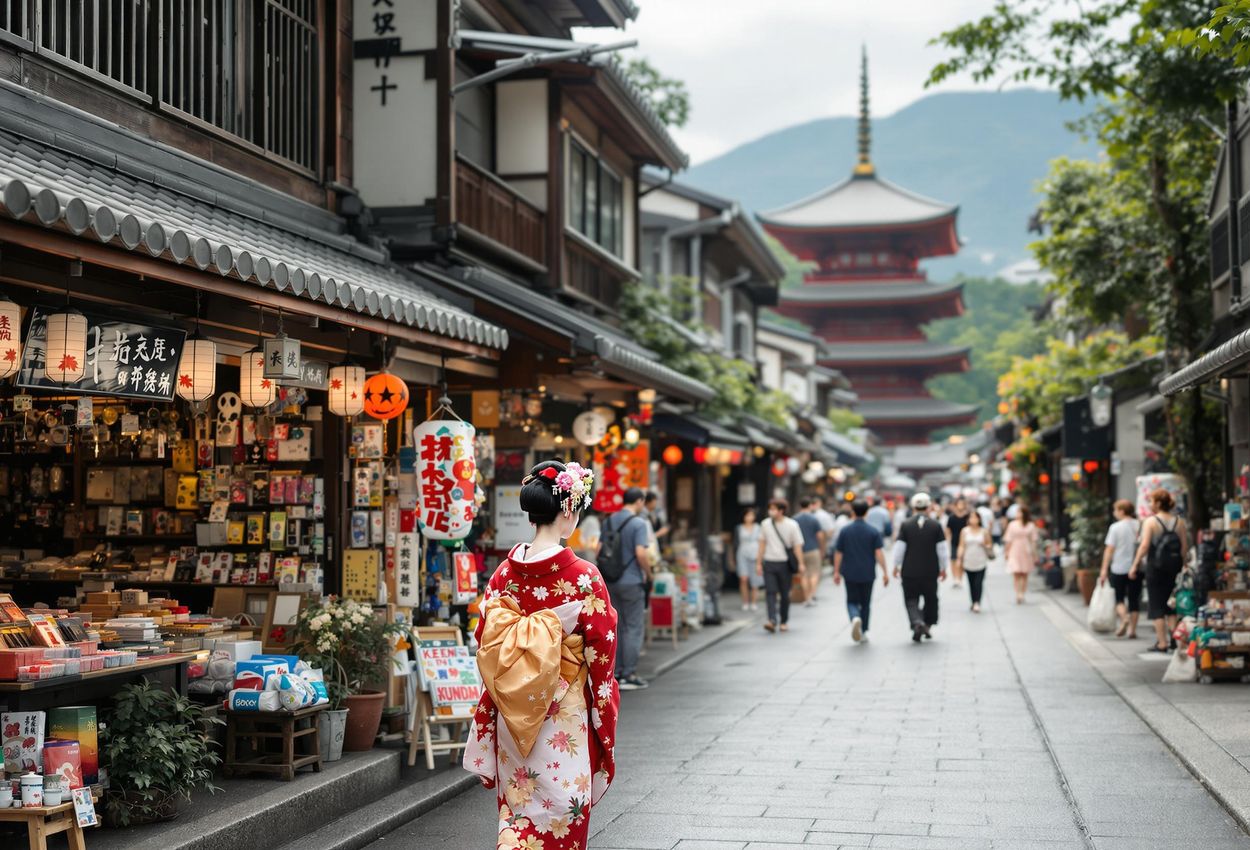 A photograph capturing a street in Kyoto, Japan, showcasing the contrast between traditional architecture, a geisha, and modern tourist shops.